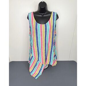 For Cynthia Tank Top Womens XL Multicolor Stripe Asymmetrical Linen Blend Scoop